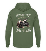 Ein Biker Hoodie für Motorradfahrer von Wingbikers mit dem Aufdruck, Sons of the Fifties - Vintage Biker, als Back Print, in erdgrün.