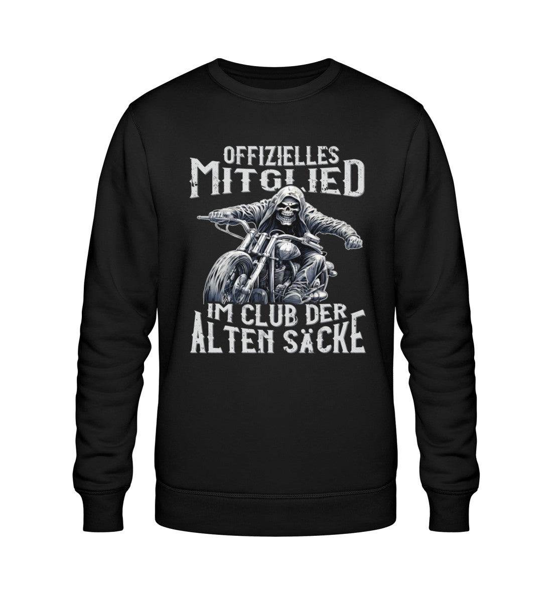 Ein Sweatshirt von Wingbikers für Motorradfahrer mit dem Aufdruck, Offizielles Mitglied im Club der alten Säcke, in schwarz.