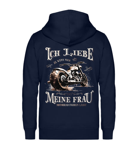 Eine Reißverschluss-Jacke für Motorradfahrer von Wingbikers mit dem Aufdruck, Ich liebe meine Frau, wenn sie mich Motorrad fahren lässt! - in navy blau.