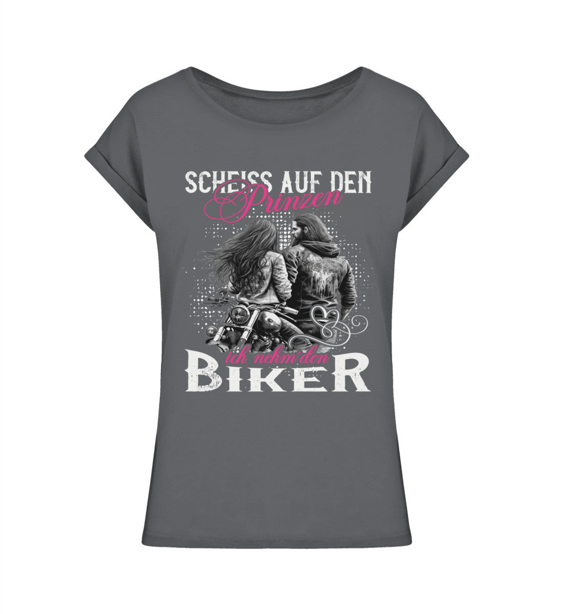 Ein T-Shirt für Motorradfahrerinnen von Wingbikers mit dem Aufdruck, Scheiß auf den Prinzen, ich nehm' den Biker, leger geschnitten, in dunkelgrau.