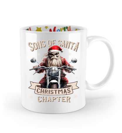 Eine weihnachtliche Tasse für Motorradfahrer von Wingbikers, mit dem beidseitigen Aufdruck, Sons of Santa - Christmas Chapter, in weiß.