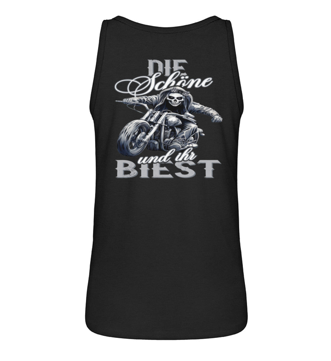 Ein Bikerin Tanktop für Motorradfahrerinnen von Wingbikers mit dem Aufdruck, Die Schöne und ihr Biest - mit Back Print, in schwarz.