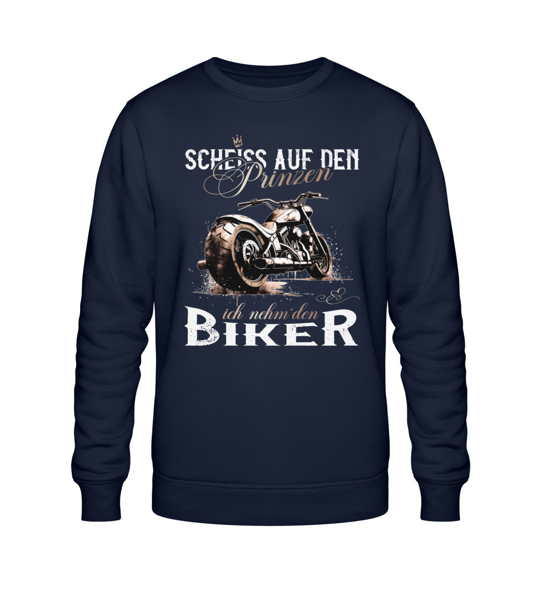 Ein Sweatshirt für Motorradfahrerinnen von Wingbikers mit dem Aufdruck, Scheiß auf den Prinzen, ich nehm' den Biker, in navy blau.