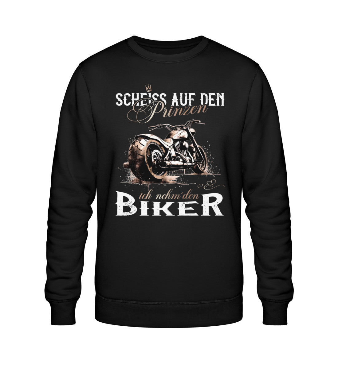 Ein Sweatshirt für Motorradfahrerinnen von Wingbikers mit dem Aufdruck, Scheiß auf den Prinzen, ich nehm' den Biker, in schwarz.