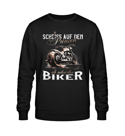 Ein Sweatshirt für Motorradfahrerinnen von Wingbikers mit dem Aufdruck, Scheiß auf den Prinzen, ich nehm' den Biker, in schwarz.