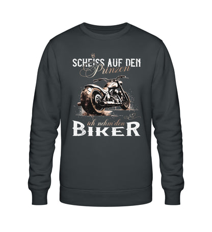 Ein Sweatshirt für Motorradfahrerinnen von Wingbikers mit dem Aufdruck, Scheiß auf den Prinzen, ich nehm' den Biker, in dunkelgrau.