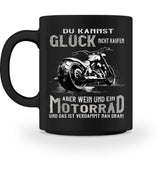 Eine Biker Tasse für Motorradfahrer, von Wingbikers, mit dem beidseitigen Aufdruck, Du kannst Glück nicht kaufen, aber Wein und ein Motorrad - Das ist verdammt nah dran!, in schwarz.