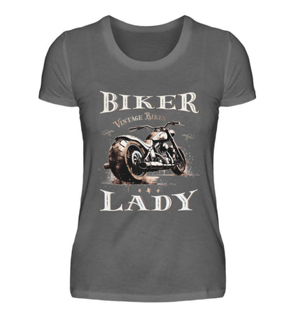 Ein Bikerin T-Shirt für Motorradfahrerinnen, von Wingbikers, mit dem Aufdruck, Biker Lady - im vintage Stil, in grau.