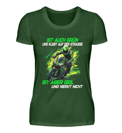 Ein T-Shirt für Motorradfahrerinnen von Wingbikers mit dem Aufdruck, Supersportler - Ist auch grün und klebt auf der Straße, ist aber geil und nervt nicht, in dunkelgrün.