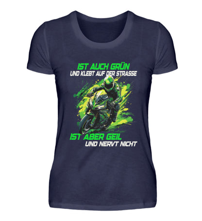 Ein T-Shirt für Motorradfahrerinnen von Wingbikers mit dem Aufdruck, Supersportler - Ist auch grün und klebt auf der Straße, ist aber geil und nervt nicht, in navy blau.