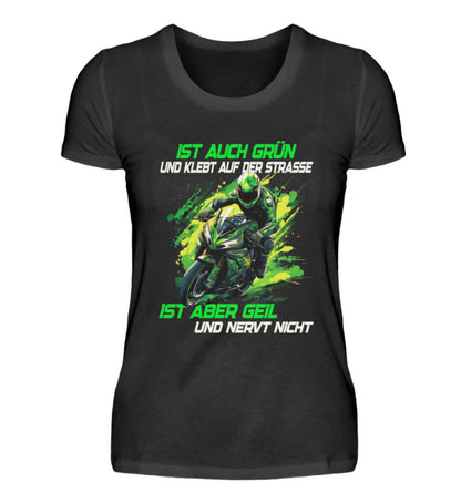 Ein T-Shirt für Motorradfahrerinnen von Wingbikers mit dem Aufdruck, Supersportler - Ist auch grün und klebt auf der Straße, ist aber geil und nervt nicht, in schwarz.