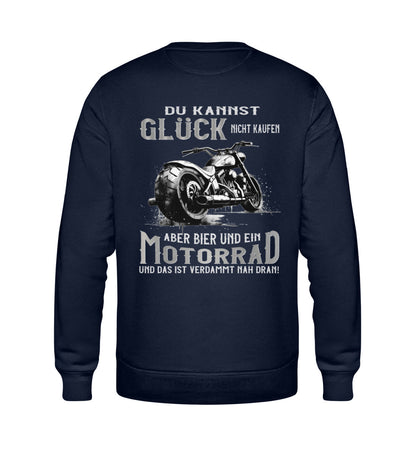 Ein Biker Sweatshirt für Motorradfahrer von Wingbikers mit dem Aufdruck, Du kannst Glück nicht kaufen, aber Bier und ein Motorrad und das ist verdammt nah dran! - mit Back Print, in navy blau.