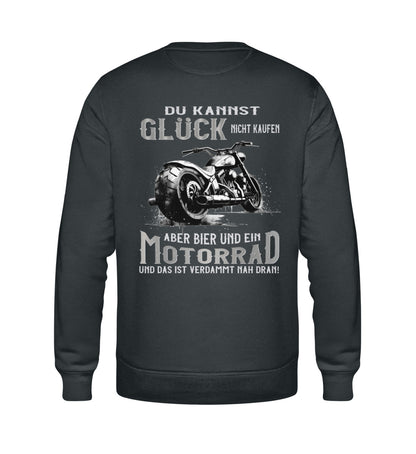 Ein Biker Sweatshirt für Motorradfahrer von Wingbikers mit dem Aufdruck, Du kannst Glück nicht kaufen, aber Bier und ein Motorrad und das ist verdammt nah dran! - mit Back Print, in dunkelgrau.