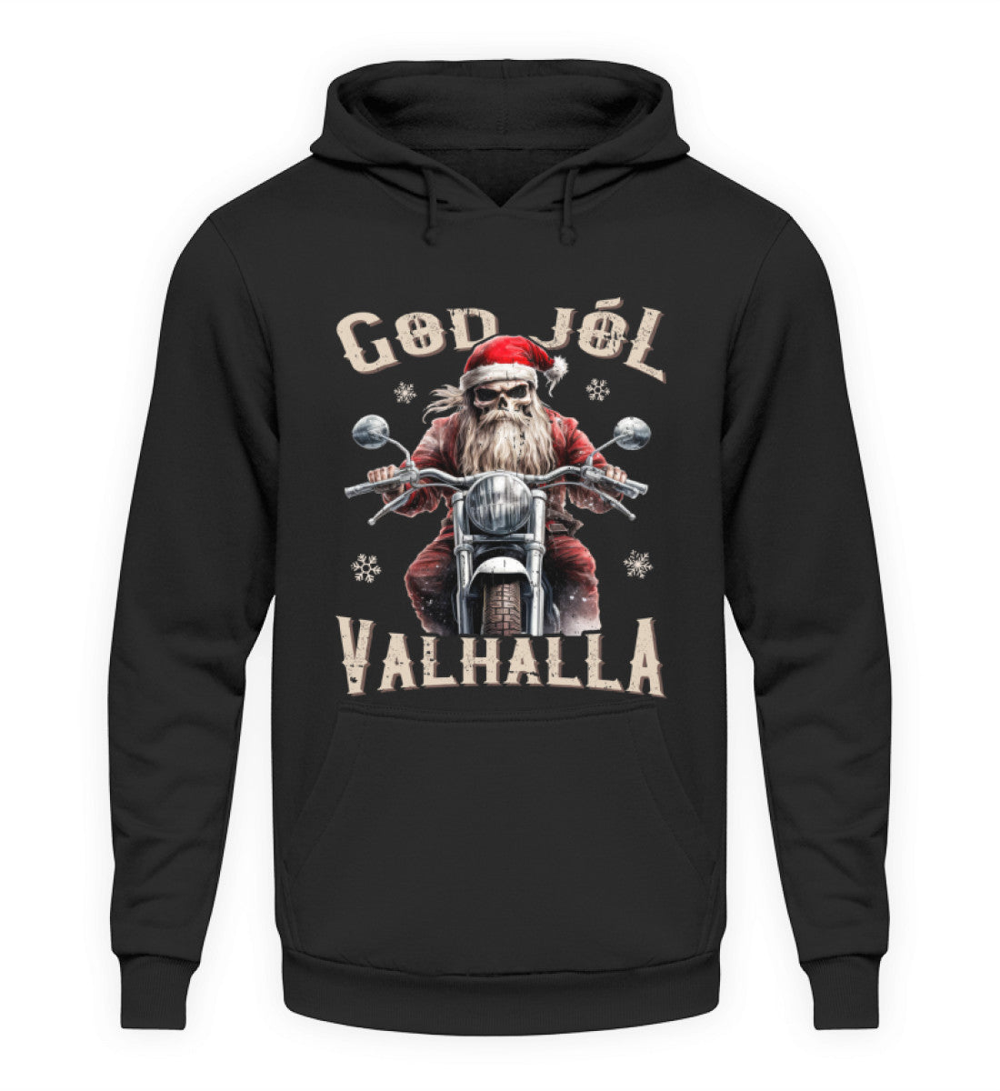 Ein weihnachtlicher Hoodie für Motorradfahrer von Wingbikers mit dem Aufdruck, God Jól Valhalla - in schwarz.