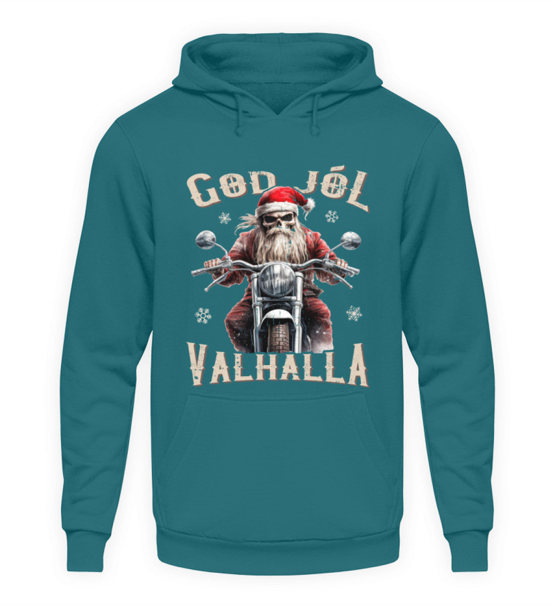 Ein weihnachtlicher Hoodie für Motorradfahrer von Wingbikers mit dem Aufdruck, God Jól Valhalla - in petrol türkis.