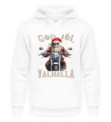 Ein weihnachtlicher Hoodie für Motorradfahrer von Wingbikers mit dem Aufdruck, God Jól Valhalla - in weiß.