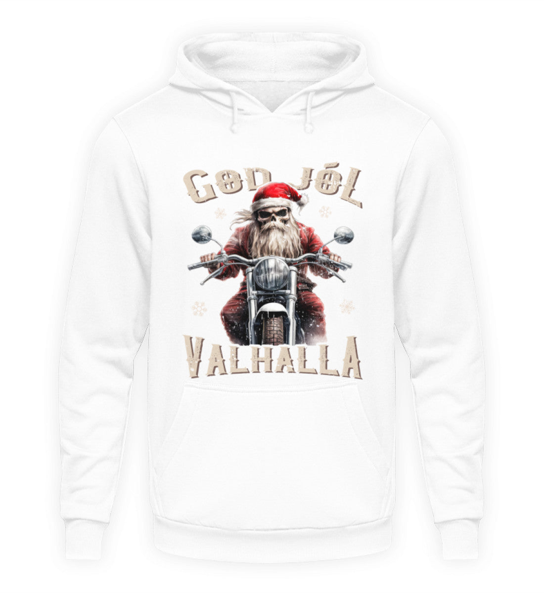 Ein weihnachtlicher Hoodie für Motorradfahrer von Wingbikers mit dem Aufdruck, God Jól Valhalla - in weiß.