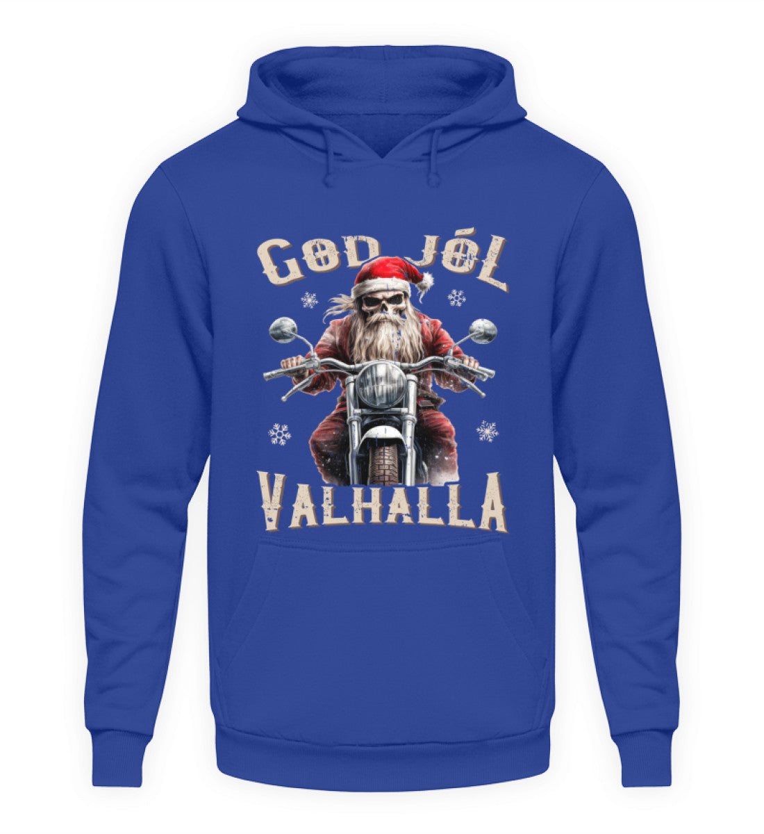 Ein weihnachtlicher Hoodie für Motorradfahrer von Wingbikers mit dem Aufdruck, God Jól Valhalla - in royal blau.