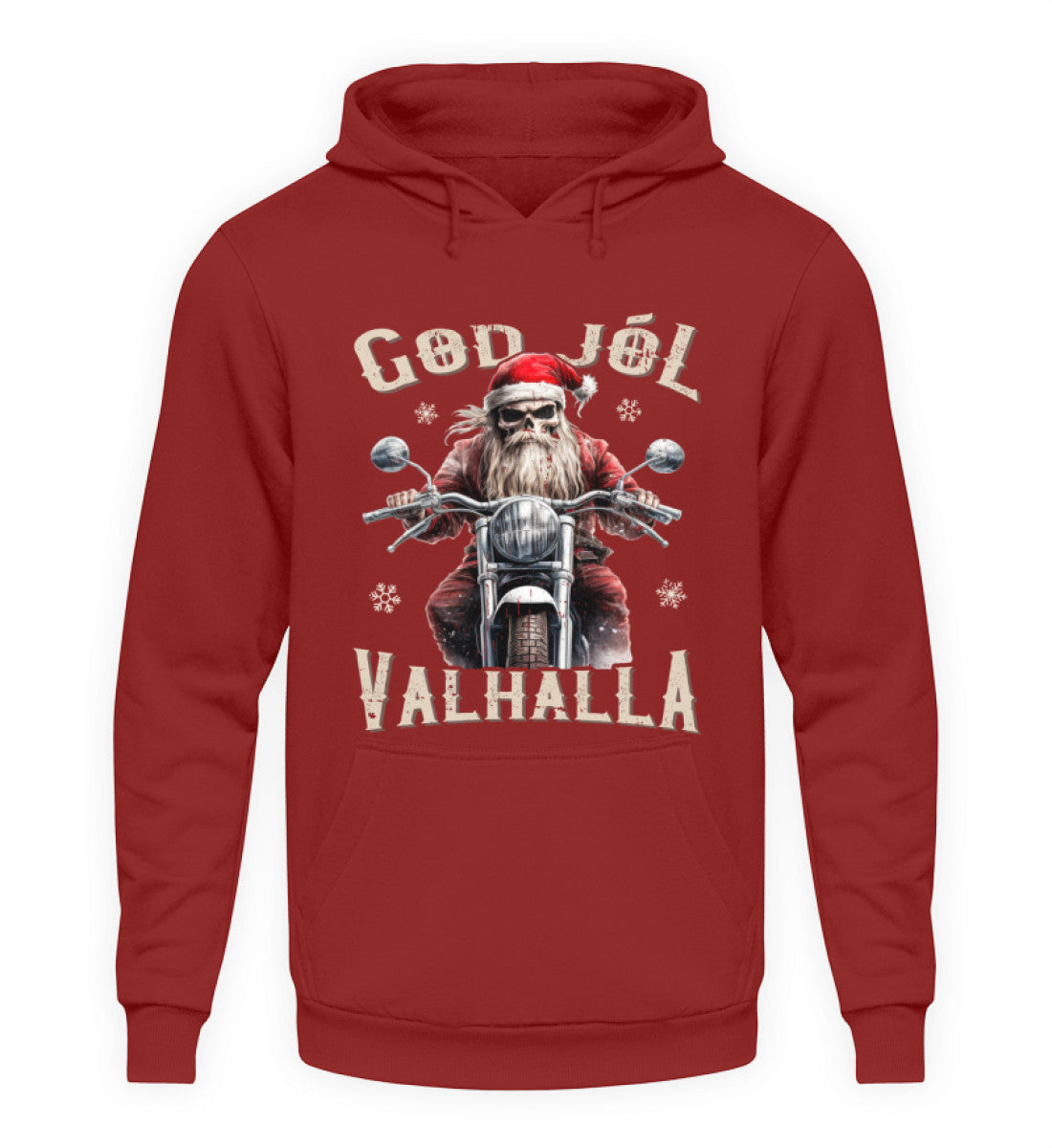 Ein weihnachtlicher Hoodie für Motorradfahrer von Wingbikers mit dem Aufdruck, God Jól Valhalla - in backsteinrot.