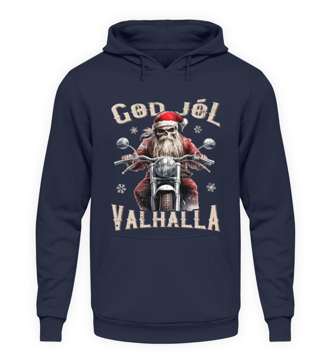 Ein weihnachtlicher Hoodie für Motorradfahrer von Wingbikers mit dem Aufdruck, God Jól Valhalla - in navy blau.