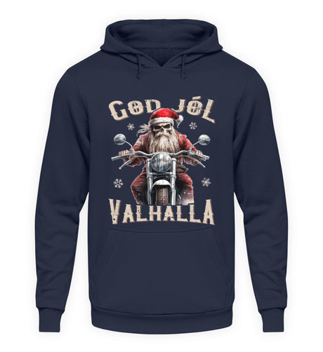 Ein weihnachtlicher Hoodie für Motorradfahrer von Wingbikers mit dem Aufdruck, God Jól Valhalla - in navy blau.