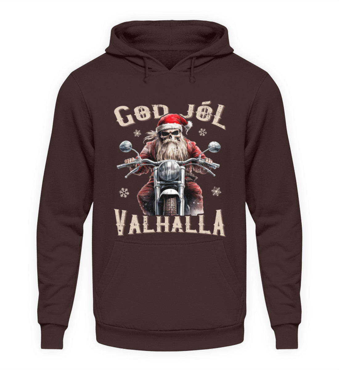 Ein weihnachtlicher Hoodie für Motorradfahrer von Wingbikers mit dem Aufdruck, God Jól Valhalla - in braun.