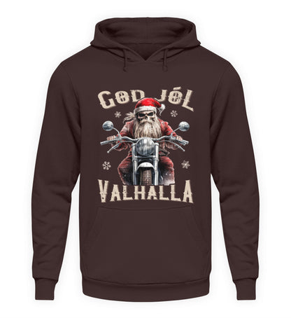 Ein weihnachtlicher Hoodie für Motorradfahrer von Wingbikers mit dem Aufdruck, God Jól Valhalla - in braun.