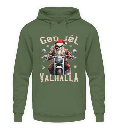 Ein weihnachtlicher Hoodie für Motorradfahrer von Wingbikers mit dem Aufdruck, God Jól Valhalla - in erdgrün.