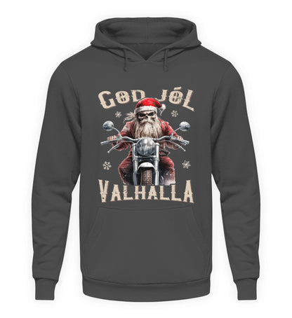 Ein weihnachtlicher Hoodie für Motorradfahrer von Wingbikers mit dem Aufdruck, God Jól Valhalla - in dunkelgrün.