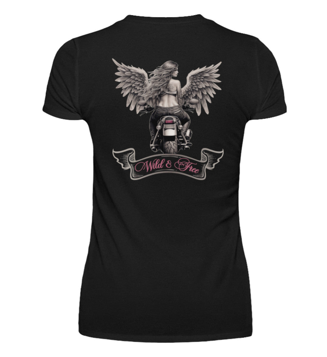 Ein Bikerin T-Shirt mit V-Ausschnitt von Wingbikers mit dem Aufdruck, Wild & Free, als Back Print, in schwarz.