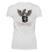 Ein Bikerin T-Shirt mit V-Ausschnitt von Wingbikers mit dem Aufdruck, Wild & Free, als Back Print, in weiß.