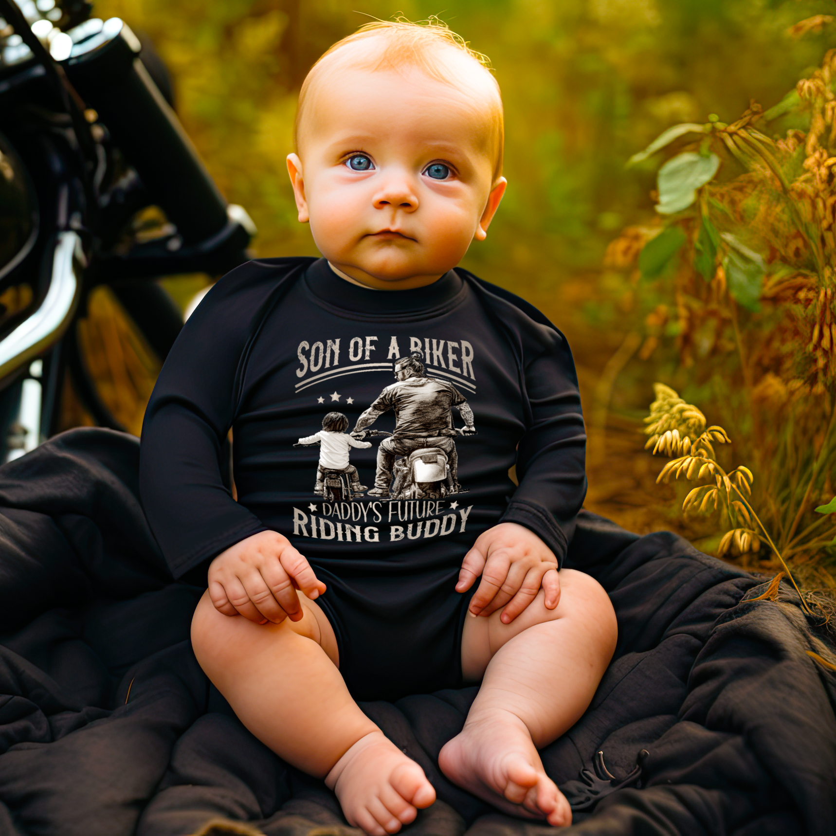 Ein Motorrad Babybody für Jungen von Wingbikers, mit dem Aufdruck, Son Of A Biker - Daddy Future Riding Buddy, in schwarz.