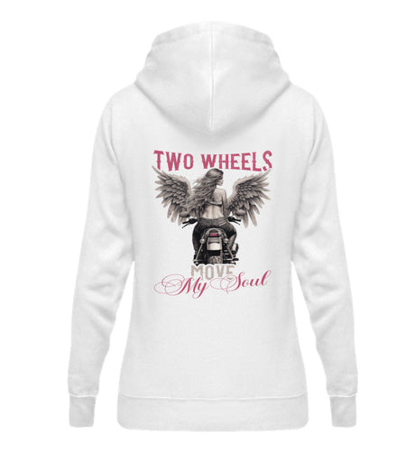 Ein Hoodie für Motorradfahrerinnen von Wingbikers mit dem Aufdruck, Two Wheels Move My Soul, in weiß.