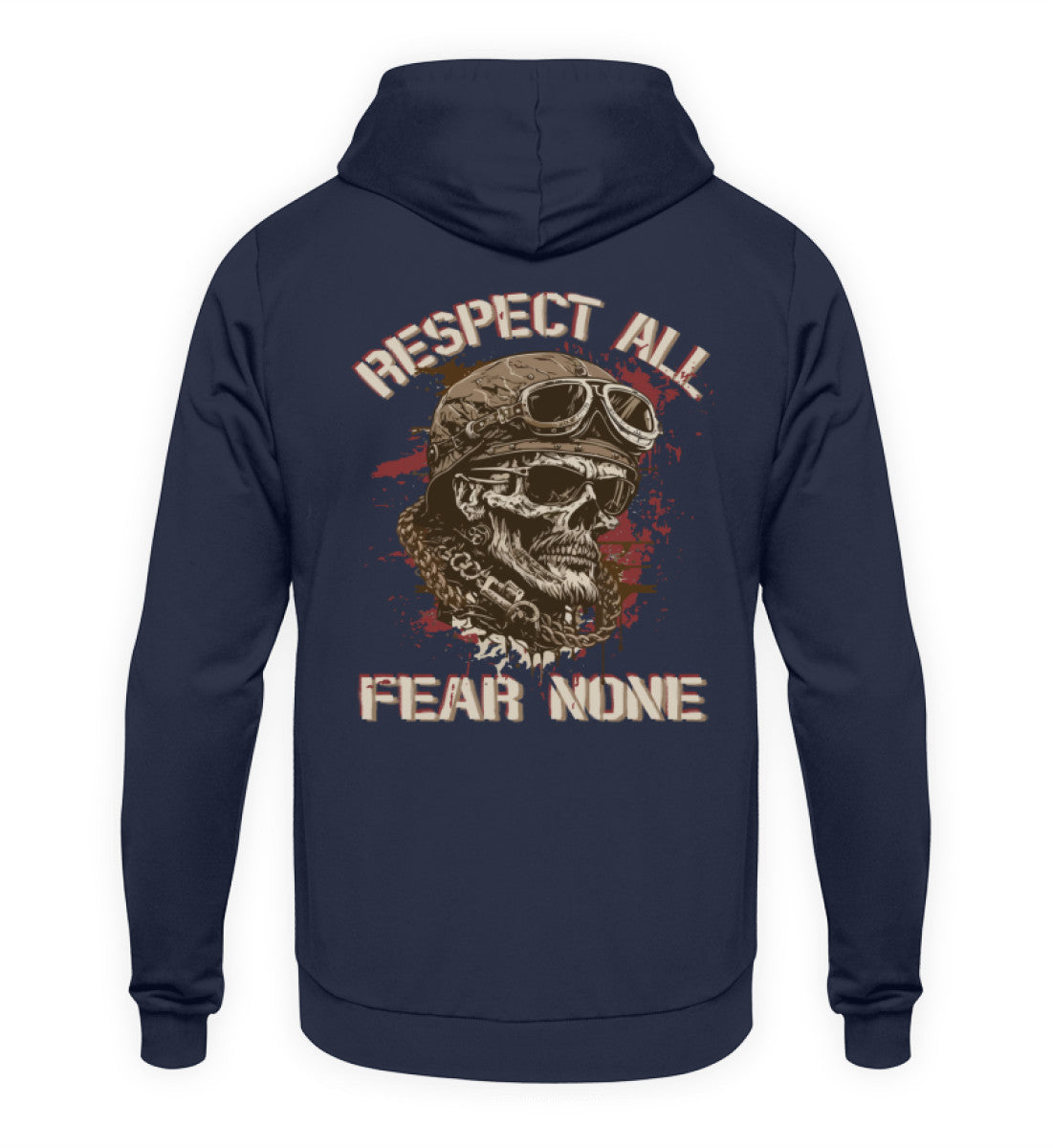 Ein Biker Hoodie für Motorradfahrer von Wingbikers mit dem Aufdruck, Respect All - Fear None, als Back Print, in navy blau.