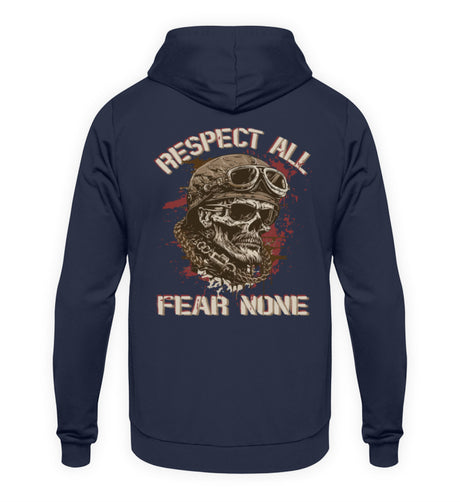 Ein Biker Hoodie für Motorradfahrer von Wingbikers mit dem Aufdruck, Respect All - Fear None, als Back Print, in navy blau.