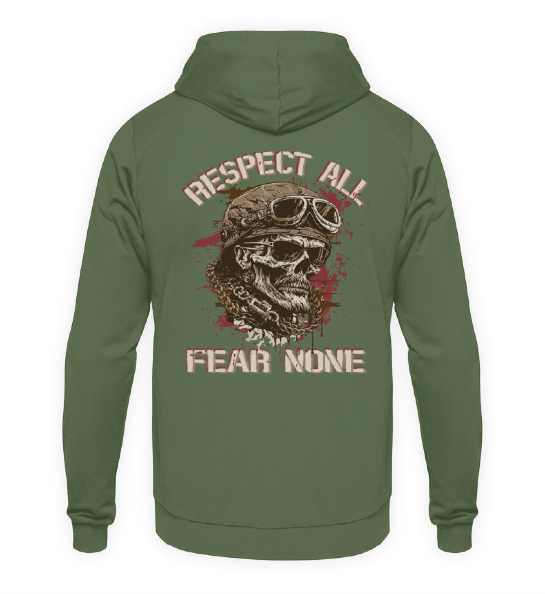 Ein Biker Hoodie für Motorradfahrer von Wingbikers mit dem Aufdruck, Respect All - Fear None, als Back Print, in erdgrün.