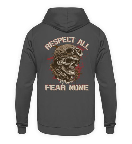 Ein Biker Hoodie für Motorradfahrer von Wingbikers mit dem Aufdruck, Respect All - Fear None, als Back Print, in dunkelgrau.