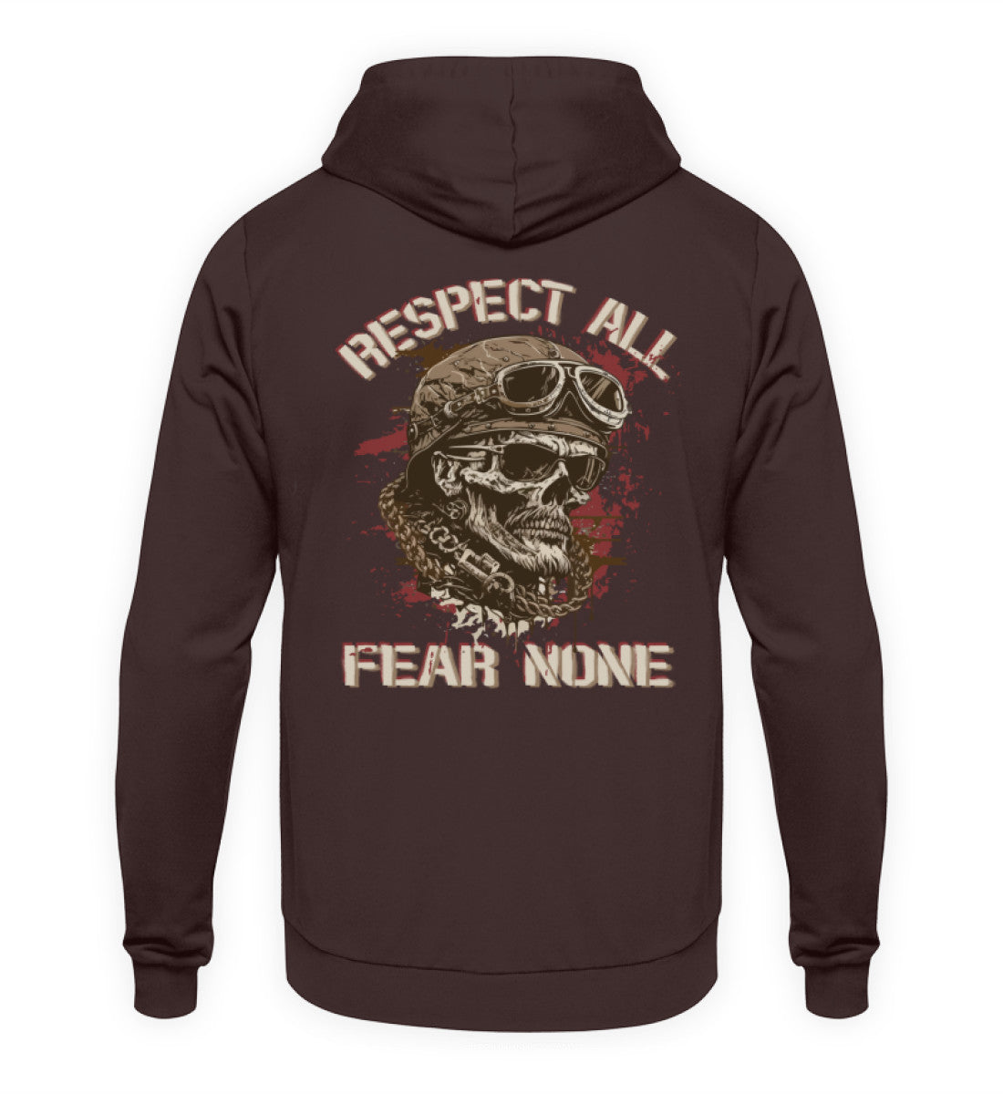 Ein Biker Hoodie für Motorradfahrer von Wingbikers mit dem Aufdruck, Respect All - Fear None, als Back Print, in braun.