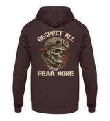 Ein Biker Hoodie für Motorradfahrer von Wingbikers mit dem Aufdruck, Respect All - Fear None, als Back Print, in braun.