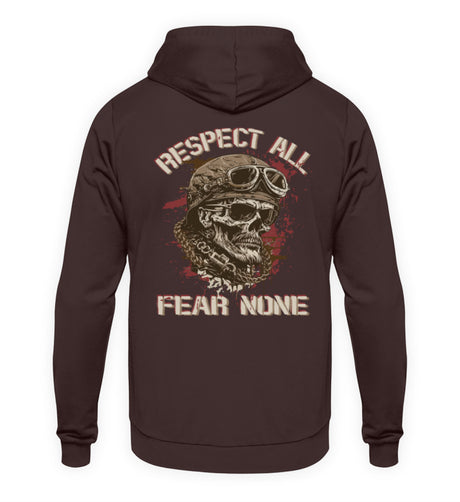 Ein Biker Hoodie für Motorradfahrer von Wingbikers mit dem Aufdruck, Respect All - Fear None, als Back Print, in braun.