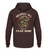 Ein Biker Hoodie für Motorradfahrer von Wingbikers mit dem Aufdruck, Respect All - Fear None, als Back Print, in braun.