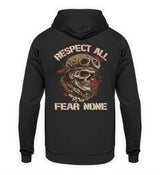 Ein Biker Hoodie für Motorradfahrer von Wingbikers mit dem Aufdruck, Respect All - Fear None, als Back Print, in schwarz.