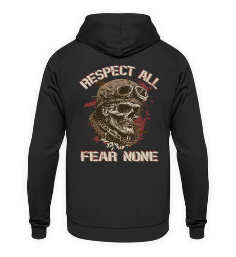 Ein Biker Hoodie für Motorradfahrer von Wingbikers mit dem Aufdruck, Respect All - Fear None, als Back Print, in schwarz.