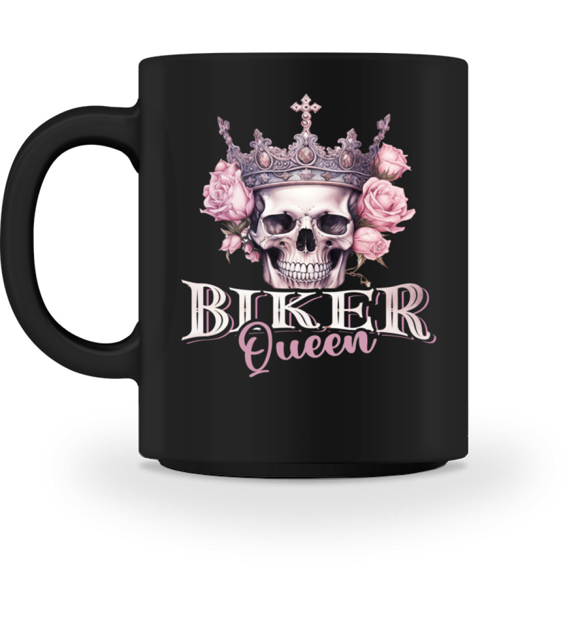 Eine Tasse für Motorradfahrerinnen von Wingbikers, mit dem beidseitigen Aufdruck, Biker Queen, in schwarz.