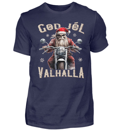 Ein weihnachtliches Biker T-Shirt für Motorradfahrer von Wingbikers mit dem Aufdruck, God Jól Valhalla, - in navy blau.