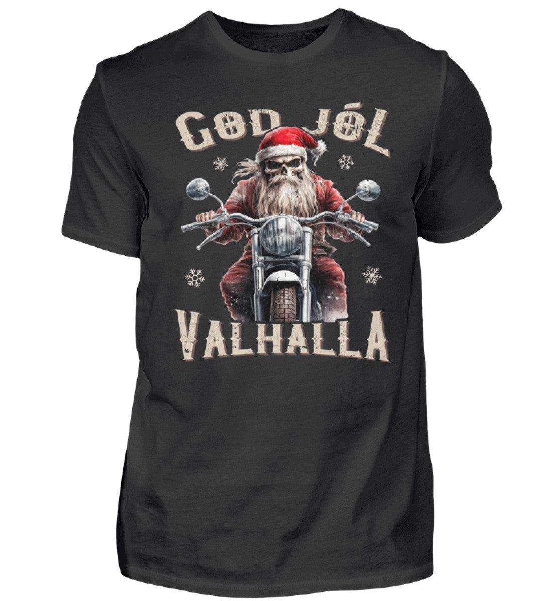 Ein weihnachtliches Biker T-Shirt für Motorradfahrer von Wingbikers mit dem Aufdruck, God Jól Valhalla, - in schwarz.