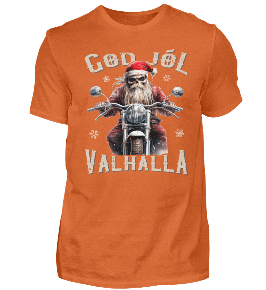 Ein weihnachtliches Biker T-Shirt für Motorradfahrer von Wingbikers mit dem Aufdruck, God Jól Valhalla, - in orange.