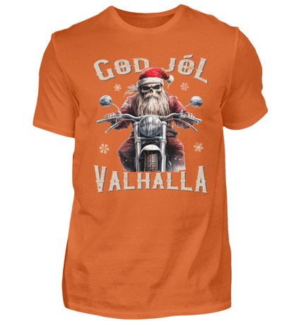 Ein weihnachtliches Biker T-Shirt für Motorradfahrer von Wingbikers mit dem Aufdruck, God Jól Valhalla, - in orange.