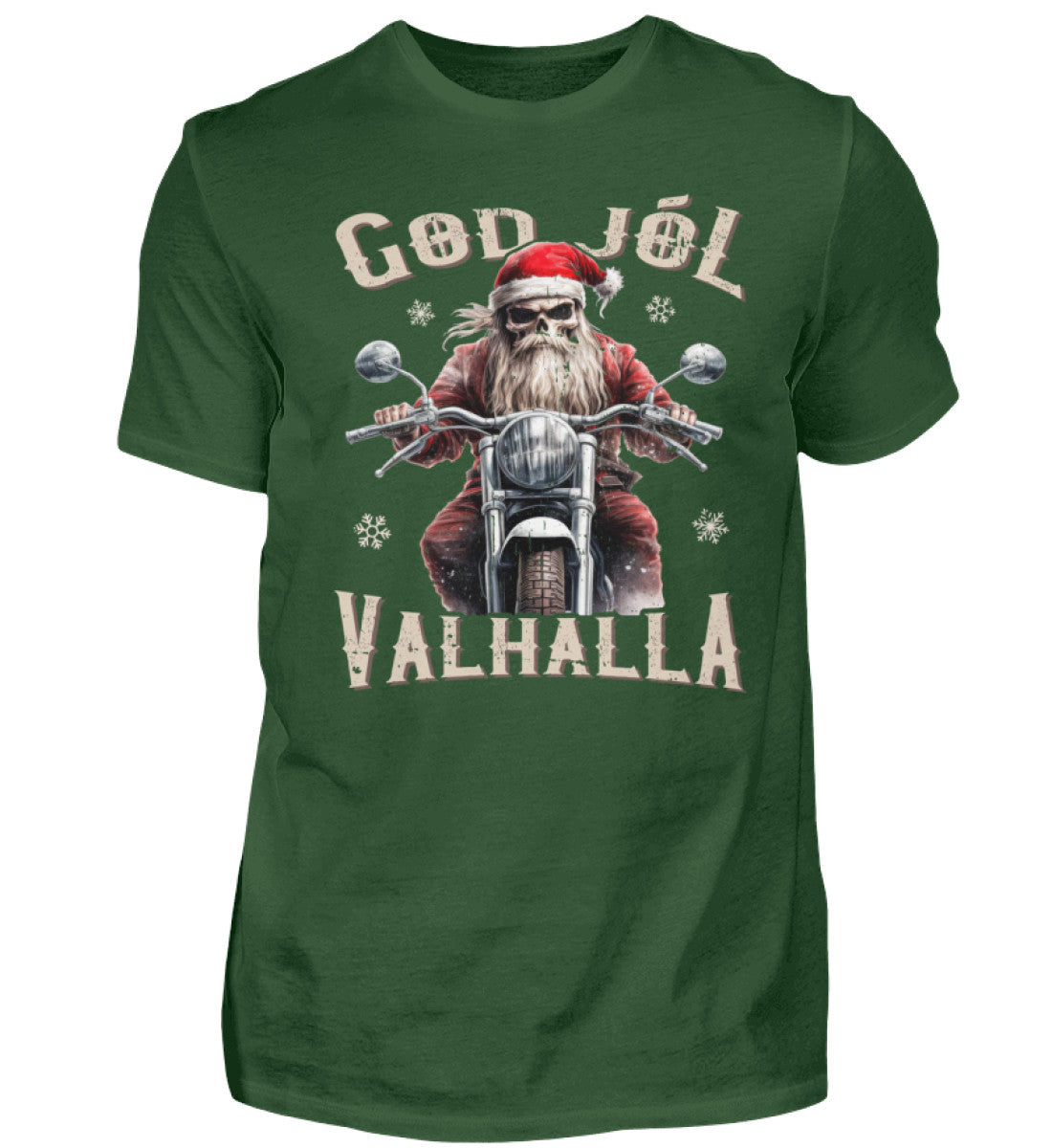 Ein weihnachtliches Biker T-Shirt für Motorradfahrer von Wingbikers mit dem Aufdruck, God Jól Valhalla, - in dunkelgrün.