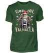 Ein weihnachtliches Biker T-Shirt für Motorradfahrer von Wingbikers mit dem Aufdruck, God Jól Valhalla, - in dunkelgrün.